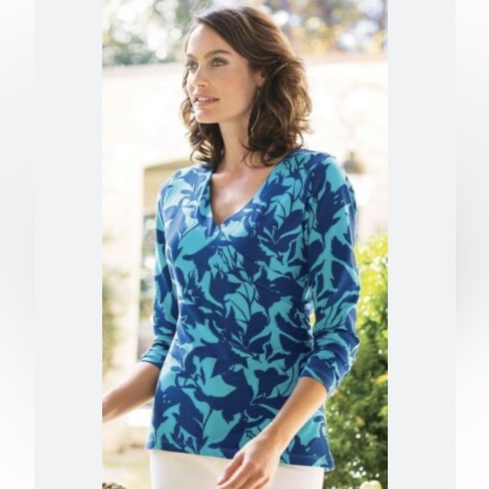 Soft Surroundings Shapley Surplice Floral Ruched V-Neck Top Blue Tan Size Small
